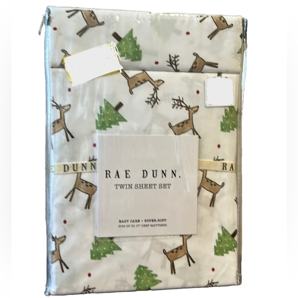 Rae Dunn Reindeer Christmas Trees Sheet Set Twin 17” Deep Mattress New